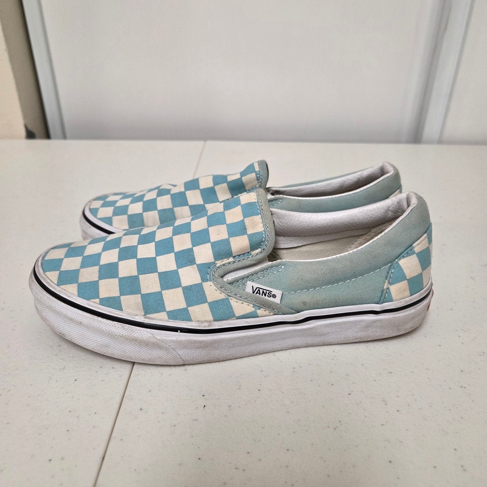 Vans Classic Slip-On Checkerboard Aqua Sky Blue White Mens 5.5 Womens 7.0